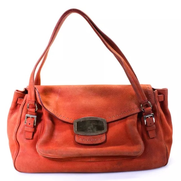 Prada Womens Double Handle Grain Suede Leather Flap Shoulder Handbag Orange Med - Picture 2 of 14